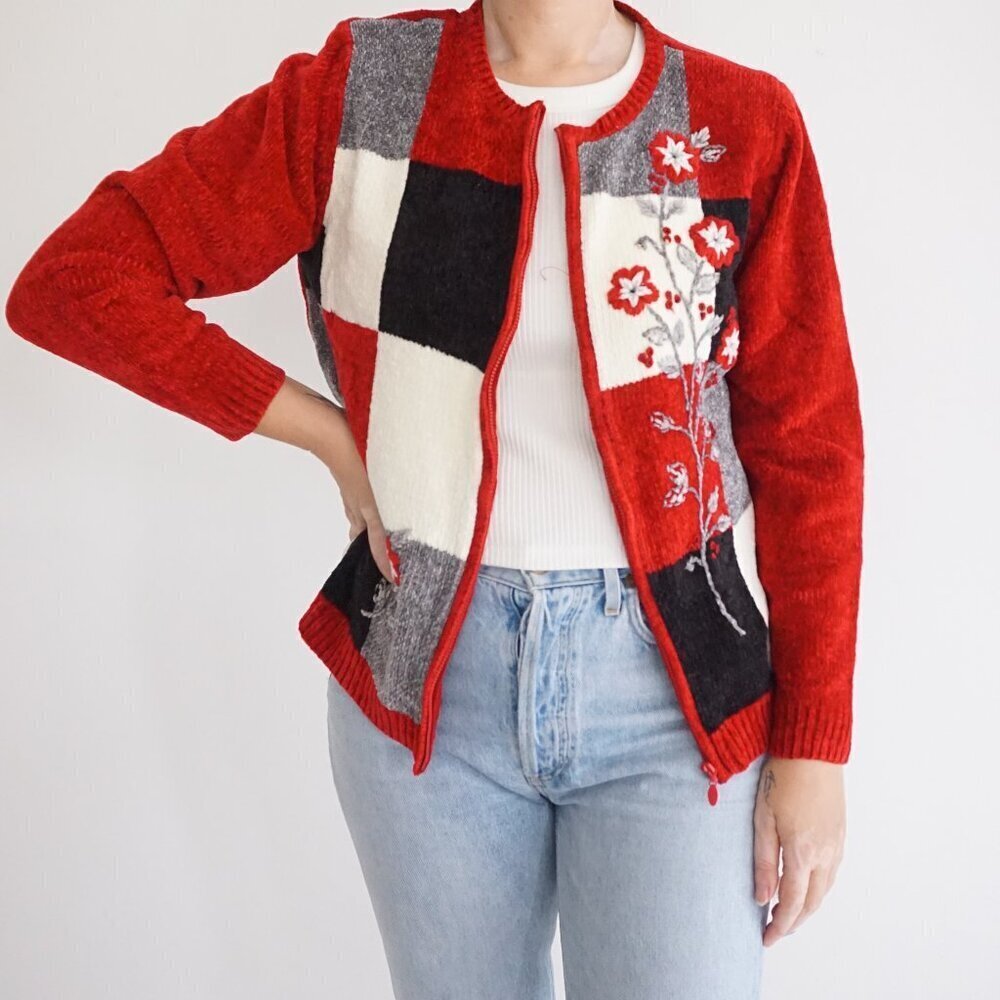 Vintage Red Alfred Dunner Patchwork Floral Zip Cardigan Cottagecore PXL NWT